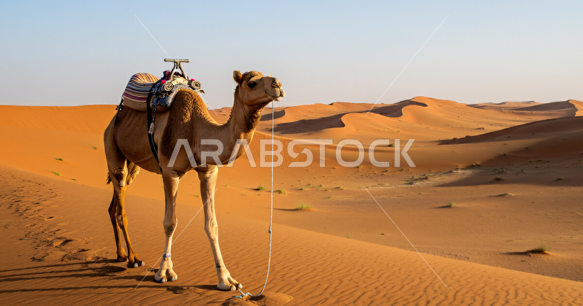 جمل عربي أصيل يسير وسط الصحراء في النهار، تربية الجمال والابل في ...