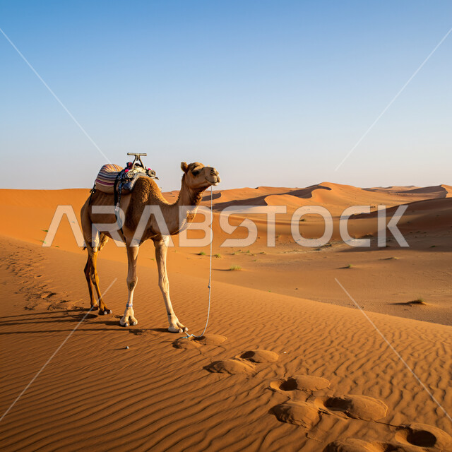 جمل عربي أصيل يسير وسط الصحراء في النهار، تربية الجمال والابل في المحميات الطبيعية في المملكة العربية السعودية ، التلال و الكثبان الرملية، الرمال الذهبية الناعمة، الاهتمام ورعاية المواشي والثدييات في الصحاري