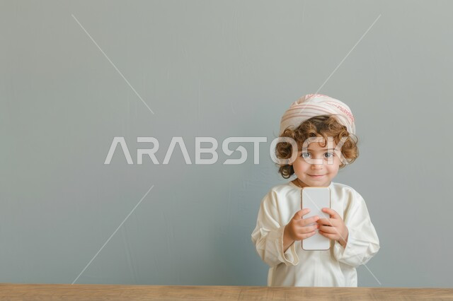 استعمال الأجهزة التقنية في دراسة المقررات المدرسية عن بعد, بورتريه لصبي عربي خليجي سعودي يرتدي الثوب التقليدي يجلس على الطاولة وينظر الى الكاميرا ويحمل الجوال, إيماءات الفرح والسرور , خلفية رمادية