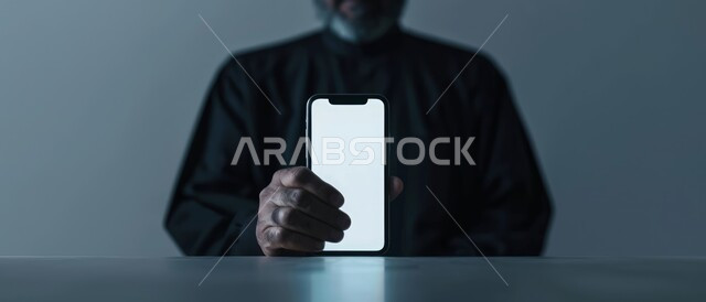 Using modern and advanced technology devices, portrait of a Saudi Arabian Gulf man holding a mobile phone, displaying a blank white screen via mobile, electronic shopping stores, gray background