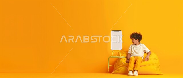 Using technological devices and modern techniques, portrait of a smiling Saudi Arabian Gulf boy sitting on a bean bag chair and looking at his mobile phone, blank white screen, yellow background