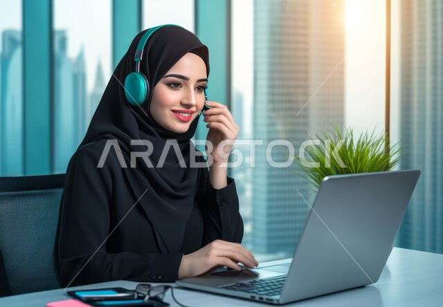 استخدام التقنيات الحديثة، صورة مقربة لموظفة عربية خليجية سعودية مبتسمة محجبة تعمل في خدمة العملاء ترتدي سماعة الاتصال تستخدم الحاسوب المحمول، مفهوم الاستعلامات والاستفسارات، الاجابه على اسئلة العملاء، متابعة وتطوير العمل