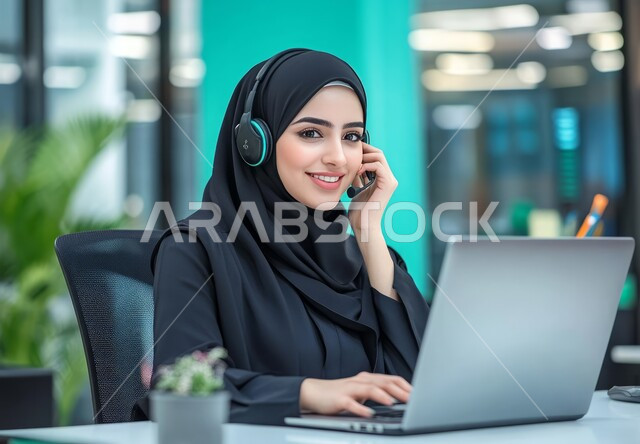 استخدام التقنيات الحديثة، صورة مقربة لموظفة عربية خليجية سعودية مبتسمة محجبة تعمل في خدمة العملاء ترتدي سماعة الاتصال تستخدم الحاسوب المحمول، مفهوم الاستعلامات والاستفسارات، الاجابه على اسئلة العملاء، متابعة وتطوير العمل