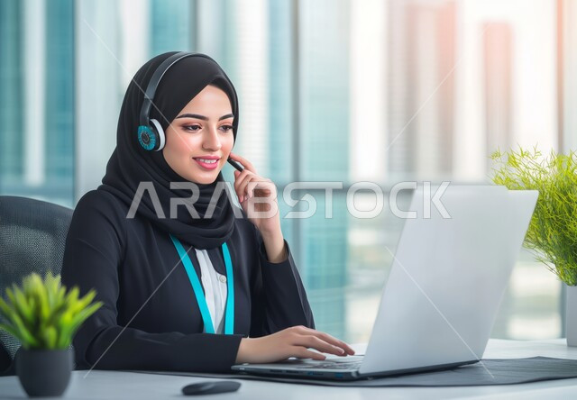 استخدام التقنيات الحديثة، صورة مقربة لموظفة عربية خليجية سعودية مبتسمة محجبة تعمل في خدمة العملاء ترتدي سماعة الاتصال تستخدم الحاسوب المحمول، مفهوم الاستعلامات والاستفسارات، الاجابه على اسئلة العملاء، متابعة وتطوير العمل
