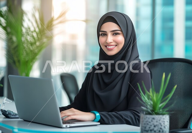 استخدام الأجهزة التكنولوجية الحديثة والمتطورة، إدارة شؤون الأعمال وتنظيمها، صورة لامرأة عربية خليجية سعودية مبتسمة تقوم بالعمل على الحاسوب داخل المكتب، العمل لتحقيق الاهداف والاستراتيجيات، مهن ووظائف ادارية مكتبية