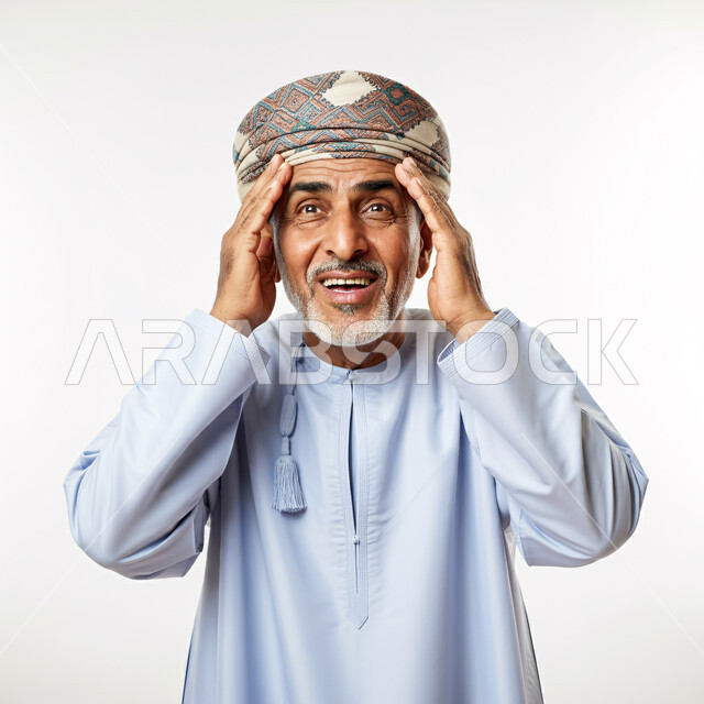 تعابير الدهشة عند رؤية شيء ما، ايماءات فرح وسرور، النظر لشيء من بعيد، بورتريه لرجل عماني شايب يرتدي الدشداشة والعمامة تظهر عليه السعادة، وضع اليدين على جانبي الوجه ومحاولة توضيح الرؤى، خلفية بيضاء