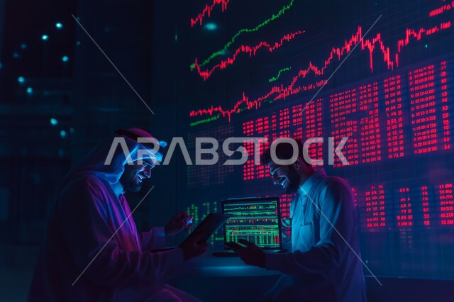 استخدام التابليت في تحليل البيانات والمعلومات ذات الطبيعة الرقمية، رجلين عربيين خليجيين سعوديين مبتسمين يرتديان الثوب التقليدي، الإستثمار المالي والإقتصادي في البورصة السعودية، متابعة الأسهم المتداول بها في السعودية من خلال شاشات الكترونية حديثة