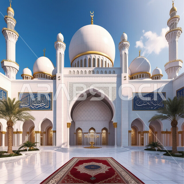 الفن الهندسي المعماري على الطرازالحديث، الاهتمام بالغطاء النباتي وأشجار النخيل، اماكن للعبادة والطاعه والتقرب الى الله, ديكورات وتصاميم اسلامية، المآذن والقبب المزخرفة، صورة لتصميم مسجد اسلامي كبير