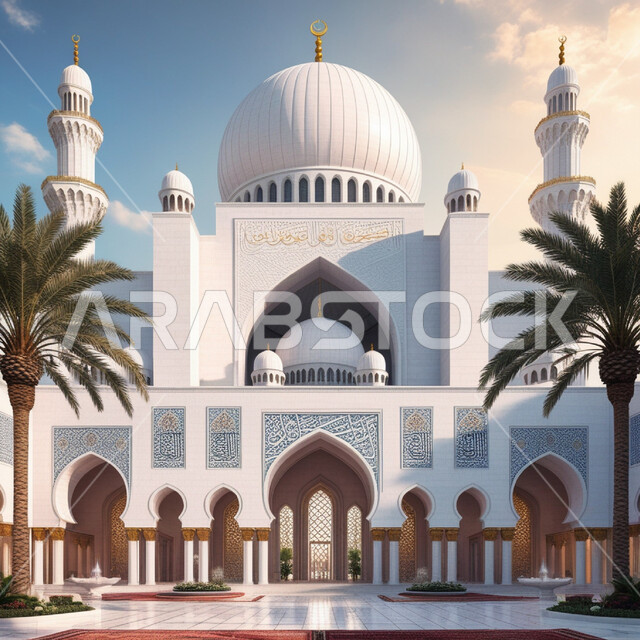 الفن الهندسي المعماري على الطرازالحديث، الاهتمام بالغطاء النباتي وأشجار النخيل، اماكن للعبادة والطاعه والتقرب الى الله, ديكورات وتصاميم اسلامية، المآذن والقبب المزخرفة، صورة لتصميم مسجد اسلامي كبير