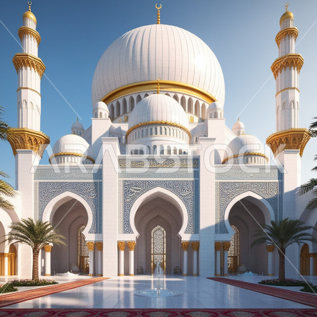 الفن الهندسي المعماري على الطرازالحديث، الاهتمام بالغطاء النباتي وأشجار النخيل، اماكن للعبادة والطاعه والتقرب الى الله, ديكورات وتصاميم اسلامية، المآذن والقبب المزخرفة، صورة لتصميم مسجد اسلامي كبير