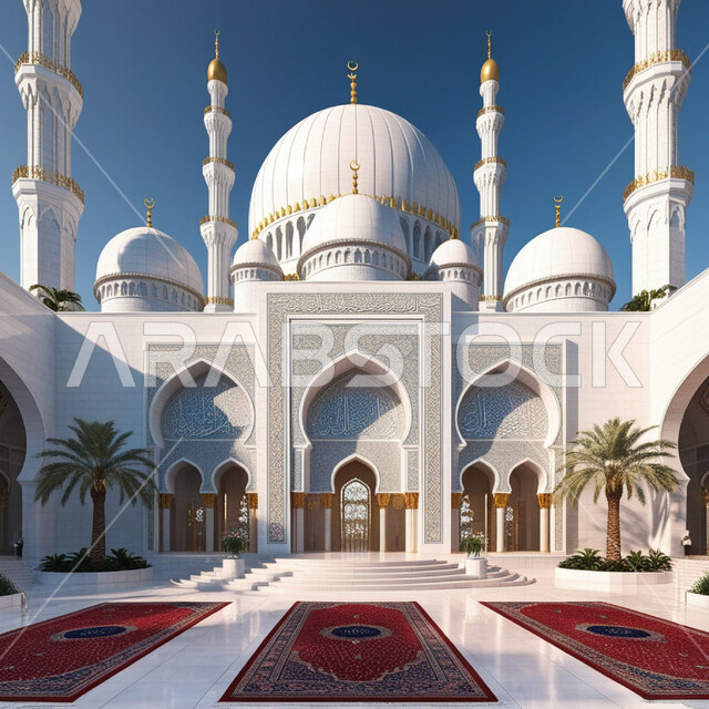 الفن الهندسي المعماري على الطرازالحديث، الاهتمام بالغطاء النباتي وأشجار النخيل، اماكن للعبادة والطاعه والتقرب الى الله, ديكورات وتصاميم اسلامية، المآذن والقبب المزخرفة، صورة لتصميم مسجد اسلامي كبير