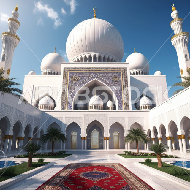 ديكورات وتصاميم اسلامية، المآذن والقبب المزخرفة، صورة لتصميم مسجد اسلامي كبير، الفن الهندسي المعماري على الطرازالحديث، الاهتمام بالغطاء النباتي وأشجار النخيل، اماكن للعبادة والطاعه والتقرب الى الله