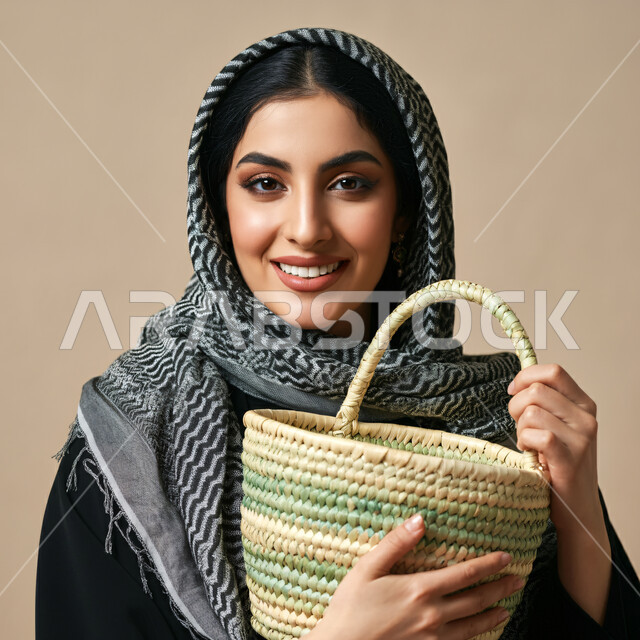 حرف وأعمال شعبية تقليدية، مشغولات يدوية نسائية، بورتريه مقرب  لشابة عربية خليجية سعودية ترتدي الحجاب تحمل سلة وتنظر إلى الكاميرا بإيماءات السعادة والسرور، سلال مصنوعة يدوياً من سعف النخيل، خلفية بيج