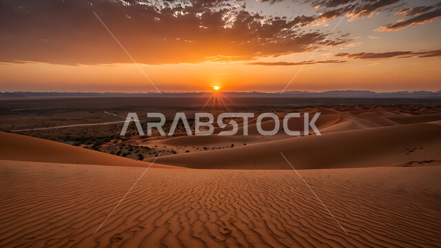 الرمال الذهبية الناعمة والكثبان في المناطق الصحراوية، منظر السماء مع غروب الشمس في صحراء المملكة العربية السعودية، المناخ القاسي والجاف، المناظر الطبيعية في الاماكن البرية