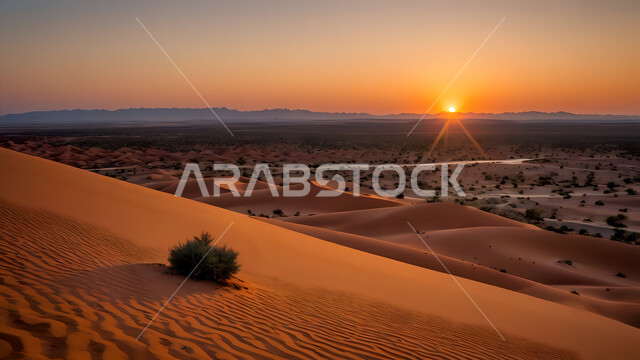 المناظر الطبيعية والرمال الذهبية الناعمة في الصحراء، التلال الرملية والتضاريس الصحراوية الطبيعية في المملكة العربية السعودية، القمم والمرتفعات الجبلية وقت غروب الشمس، نمو النباتات البرية في الصحاري