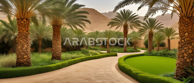 الاهتمام بزراعة الاشجار والنباتات الخضراء في المناطق السياحية الصحراوية، ممشى بين اشجار النخيل الخضراء في الحدائق العامة، المحميات الطبيعية في المملكة العربية السعودية