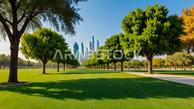 التقدم والنمو العمراني في مدينة دبي، الفنون والتصاميم المعمارية الحديثة, منظر تخيلي مستقبلي للمنشآت والمباني التجارية الشاهقة في الامارات العربية المتحدة، الاهتمام بزراعة النباتات في المناطق السياحية، ممشى بين الأشجار الخضراء في الحدائق العامة