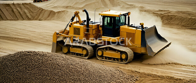  مفهوم مشاريع البناء والانشاءات الكبيرة، جرافات هيدروليكية تقوم بأحد اعمال التعدين لنقل وتفريغ الأتربة في الأماكن الجبلية في المملكة العربية السعودية, مهن ووظائف هندسية صناعية, استخدام الآلات والمعدات الثقيلة في المناطق الوعرة في وقت النهار