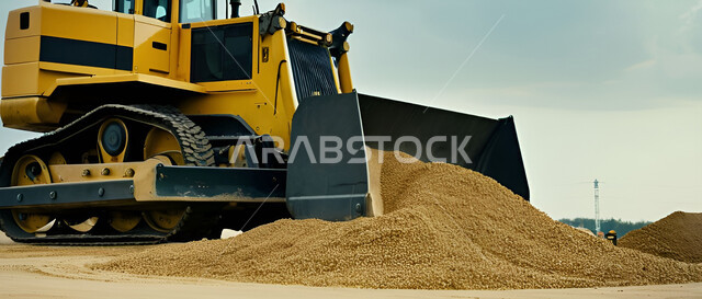  مفهوم مشاريع البناء والانشاءات الكبيرة، جرافات هيدروليكية تقوم بأحد اعمال التعدين لنقل وتفريغ الأتربة في الأماكن الجبلية في المملكة العربية السعودية, مهن ووظائف هندسية صناعية, استخدام الآلات والمعدات الثقيلة في المناطق الوعرة في وقت النهار