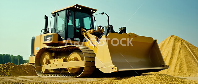 The concept of large construction and building projects, hydraulic bulldozers doing mining work to transport and empty soil in mountainous areas in the Kingdom of Saudi Arabia, industrial engineering professions and jobs, using heavy machinery and equipment in rugged areas during the day