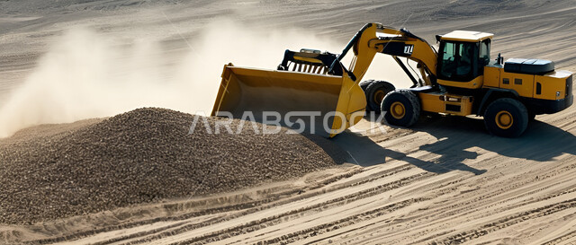  مفهوم مشاريع البناء والانشاءات الكبيرة، جرافات هيدروليكية تقوم بأحد اعمال التعدين لنقل وتفريغ الأتربة في الأماكن الجبلية في المملكة العربية السعودية, مهن ووظائف هندسية صناعية, استخدام الآلات والمعدات الثقيلة في المناطق الوعرة في وقت النهار