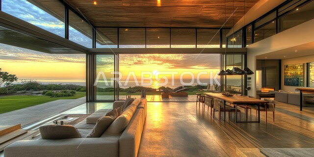 اكسسوارات وتحف عصرية، التصاميم والديكورات الداخلية للفلل والشقق السكنية في المملكة العربية السعودية, غرفة معيشة مع آثاث منزلي فاخر باللون الأبيض, التصاميم الأنيقة لغرف الجلوس المريحة على الطراز الحديث, واجهات زجاجية كبيرة مطلة على البحر