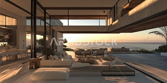 اكسسوارات وتحف عصرية، التصاميم والديكورات الداخلية للفلل والشقق السكنية في المملكة العربية السعودية, غرفة معيشة مع آثاث منزلي فاخر باللون الأبيض, التصاميم الأنيقة لغرف الجلوس المريحة على الطراز الحديث, واجهات زجاجية كبيرة مطلة على البحر