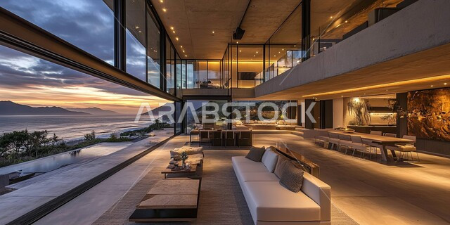 اكسسوارات وتحف عصرية، التصاميم والديكورات الداخلية للفلل والشقق السكنية في المملكة العربية السعودية, غرفة معيشة مع آثاث منزلي فاخر باللون الأبيض, التصاميم الأنيقة لغرف الجلوس المريحة على الطراز الحديث, واجهات زجاجية كبيرة مطلة على البحر