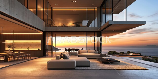 اكسسوارات وتحف عصرية، التصاميم والديكورات الداخلية للفلل والشقق السكنية في المملكة العربية السعودية, غرفة معيشة مع آثاث منزلي فاخر باللون الأبيض, التصاميم الأنيقة لغرف الجلوس المريحة على الطراز الحديث, واجهات زجاجية كبيرة مطلة على البحر