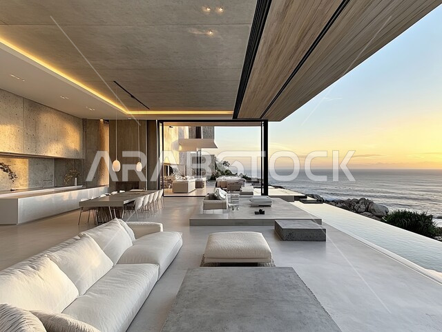 اكسسوارات وتحف عصرية، التصاميم والديكورات الداخلية للفلل والشقق السكنية في المملكة العربية السعودية, غرفة معيشة مع آثاث منزلي فاخر باللون الأبيض, التصاميم الأنيقة لغرف الجلوس المريحة على الطراز الحديث, واجهات زجاجية كبيرة مطلة على البحر