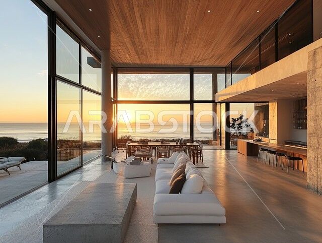 التصاميم والديكورات الداخلية للفلل والشقق السكنية في المملكة العربية السعودية, غرفة معيشة مع آثاث منزلي فاخر باللون الأبيض, اكسسوارات وتحف عصرية، التصاميم الأنيقة لغرف الجلوس المريحة على الطراز الحديث, واجهات زجاجية كبيرة مطلة على البحر