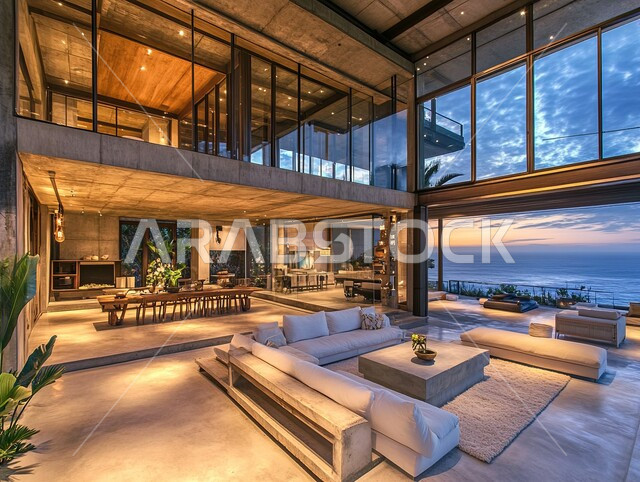 التصاميم والديكورات الداخلية للفلل والشقق السكنية في المملكة العربية السعودية, غرفة معيشة مع آثاث منزلي فاخر باللون الأبيض, اكسسوارات وتحف عصرية، التصاميم الأنيقة لغرف الجلوس المريحة على الطراز الحديث, واجهات زجاجية كبيرة مطلة على البحر