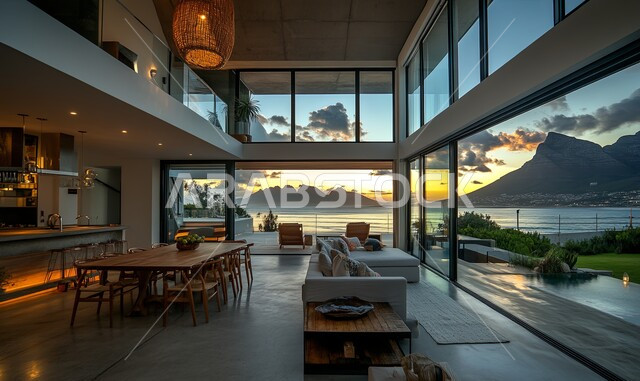 التصاميم والديكورات الداخلية للفلل والشقق السكنية في المملكة العربية السعودية, غرفة معيشة مع آثاث منزلي فاخر باللون الأبيض, اكسسوارات وتحف عصرية، التصاميم الأنيقة لغرف الجلوس المريحة على الطراز الحديث, واجهات زجاجية كبيرة مطلة على البحر