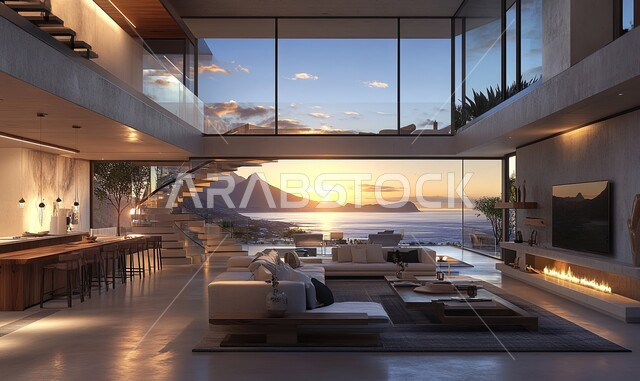 التصاميم والديكورات الداخلية للفلل والشقق السكنية في المملكة العربية السعودية, غرفة معيشة مع آثاث منزلي فاخر باللون الأبيض, اكسسوارات وتحف عصرية، التصاميم الأنيقة لغرف الجلوس المريحة على الطراز الحديث, واجهات زجاجية كبيرة مطلة على البحر