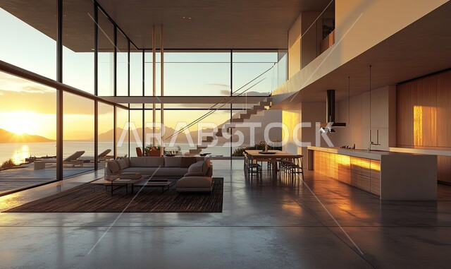 التصاميم والديكورات الداخلية للفلل والشقق السكنية في المملكة العربية السعودية, غرفة معيشة مع آثاث منزلي فاخر باللون الأبيض, اكسسوارات وتحف عصرية، التصاميم الأنيقة لغرف الجلوس المريحة على الطراز الحديث, واجهات زجاجية كبيرة مطلة على البحر