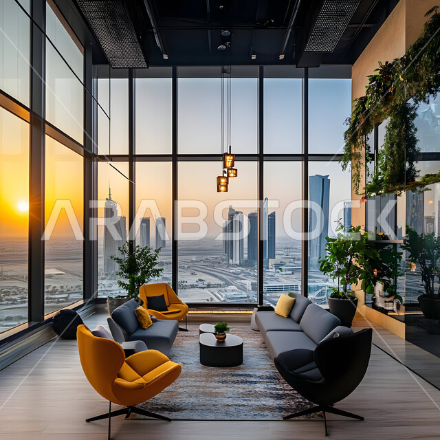 مكتب بديكور راقي على الطراز الحديث, تصاميم حديثة لمكاتب الشركات في المملكة العربية السعودية, تجهيزات مكتبية مع أثاث مكتبي مريح, الديكورات العصرية الفاخرة, التصميم الداخلي الأنيق, النوافذ والواجهات الزجاجية 