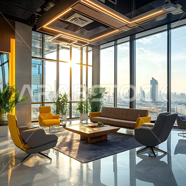 مكتب بديكور راقي على الطراز الحديث, تصاميم حديثة لمكاتب الشركات في المملكة العربية السعودية, تجهيزات مكتبية مع أثاث مكتبي مريح, الديكورات العصرية الفاخرة, التصميم الداخلي الأنيق, النوافذ والواجهات الزجاجية 