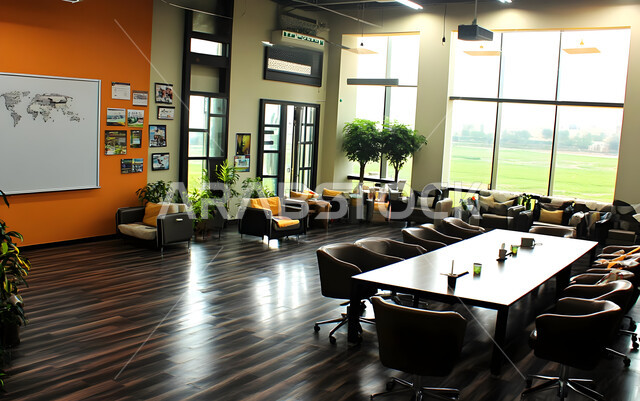 غرف مكتبية بتصاميم وديكورات داخلية فخمة، النوافذ والواجهات الزجاجية الكبيرة المطلة على الخارج، التصميم العصري الحديث للمكاتب في الشركات والمراكز التجارية السعودية، غرفة اجتماعات واسعة مع طاولة محاطة بكراسي، قاعة الأعمال وعقد الاتفاقات مع فريق العمل