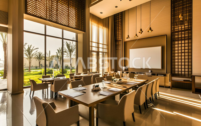 Office rooms with luxurious interior designs and decorations, large glass windows and facades overlooking the outside, modern modern design of offices in Saudi companies and commercial centers, a spacious meeting room with a table surrounded by chairs, a business hall and making agreements with the work team.