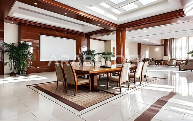 غرف مكتبية بتصاميم وديكورات داخلية فخمة، النوافذ والواجهات الزجاجية الكبيرة المطلة على الخارج، التصميم العصري الحديث للمكاتب في الشركات والمراكز التجارية السعودية، غرفة اجتماعات واسعة مع طاولة محاطة بكراسي، قاعة الأعمال وعقد الاتفاقات مع فريق العمل