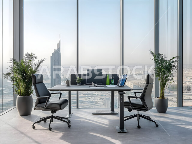 الديكورات العصرية الفاخرة, التصميم الداخلي الأنيق, مكتب بديكو راقي على الطراز الحديث, تصاميم حديثة لمكاتب الشركات في المملكة العربية السعودية, تجهيزات مكتبية مع أثاث مكتبي مريح, النوافذ والواجهات الزجاجية المطلة على الابراج وناطحات السحاب