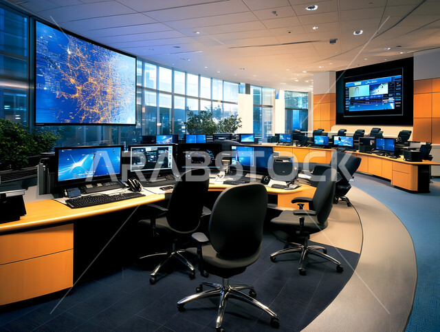 غرف مكتبية بتصاميم وديكورات داخلية فخمة، النوافذ والواجهات الزجاجية الكبيرة المطلة على الخارج، التصميم العصري الحديث للمكاتب في الشركات والمراكز التجارية السعودية، غرفة اجتماعات واسعة مع طاولة محاطة بكراسي، قاعة الأعمال وعقد الاتفاقات مع فريق العمل