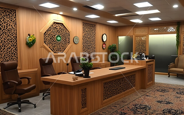 Modern designs for corporate offices in Saudi Arabia, luxurious modern decorations, elegant interior design, high-end modern style deco office, office equipment with comfortable office furniture