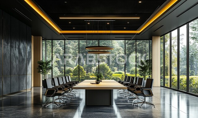 غرف مكتبية بتصاميم وديكورات داخلية فخمة، قاعة الأعمال وعقد الاتفاقات مع فريق العمل، غرفة اجتماعات واسعة مع طاولة محاطة بكراسي، التصميم العصري الحديث للمكاتب في الشركات والمراكز التجارية السعودية، النوافذ والواجهات الزجاجية الكبيرة المطلة على الخارج