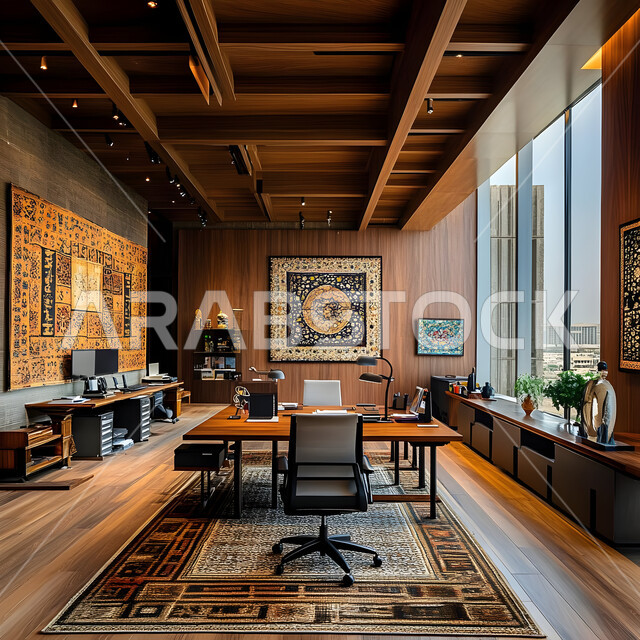 Modern luxury decor, elegant modern style office desk, modern designs for corporate offices in Saudi Arabia, elegant interior design, office equipment with comfortable office furniture