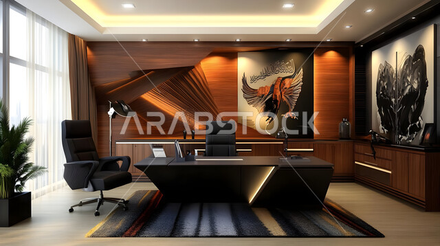 Modern luxury decor, elegant modern style office desk, modern designs for corporate offices in Saudi Arabia, elegant interior design, office equipment with comfortable office furniture