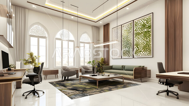 Modern designs for corporate offices in Saudi Arabia, luxurious modern decorations, a high-end modern style office with deco, elegant interior design, office equipment with comfortable office furniture