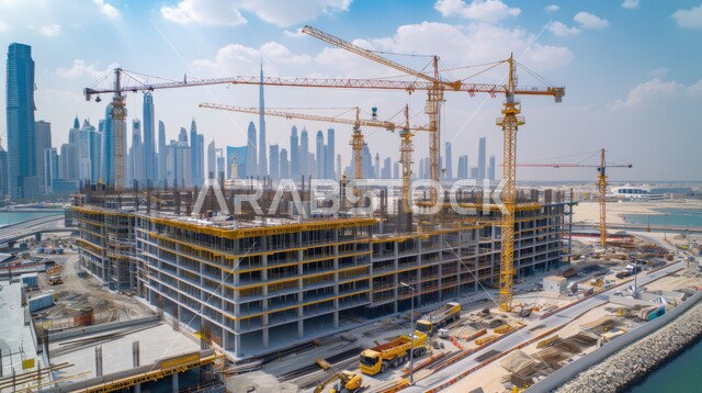 Implementing the reconstruction plan and forming the metal structure, a modern building under construction, urban expansion in the Kingdom of Saudi Arabia, the concept of structural and architectural engineering, construction cranes, pouring concrete and laying foundations