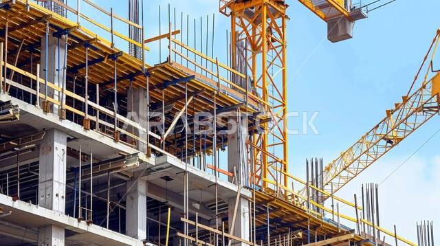 تنفيذ مخطط الإعمار وتشكيل الهيكل المعدني, مبنى حديث قيد الانشاء, التوسع العمراني في المملكة العربية السعودية, مفهوم الهندسة الإنشائية والمعمارية, رافعات البناء وصب الخرسانات ووضع الأساسات