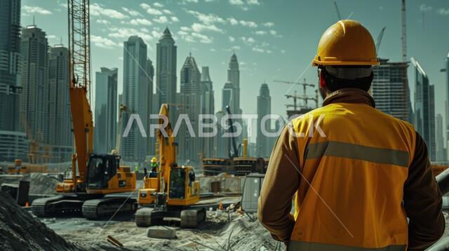 تدقيق مخططات المشروع، مهن ووظائف هندسية سعودية، الاشراف على المشاريع في موقع العمل، صورة من الخلف لمهندس مدني عربي خليجي سعودي يرتدي سترة وخوذة الحماية يقف في مقر الإنشاءات، تطور ونمو القطاع الهندسي في المملكة